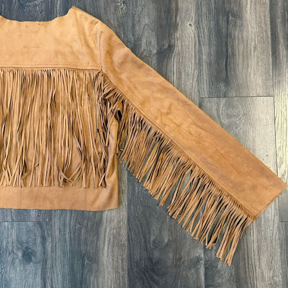 Brown Full Fringe Light Jacket Faux Suede Open Front Western Crop fit Size Large - Picture 4 of 8